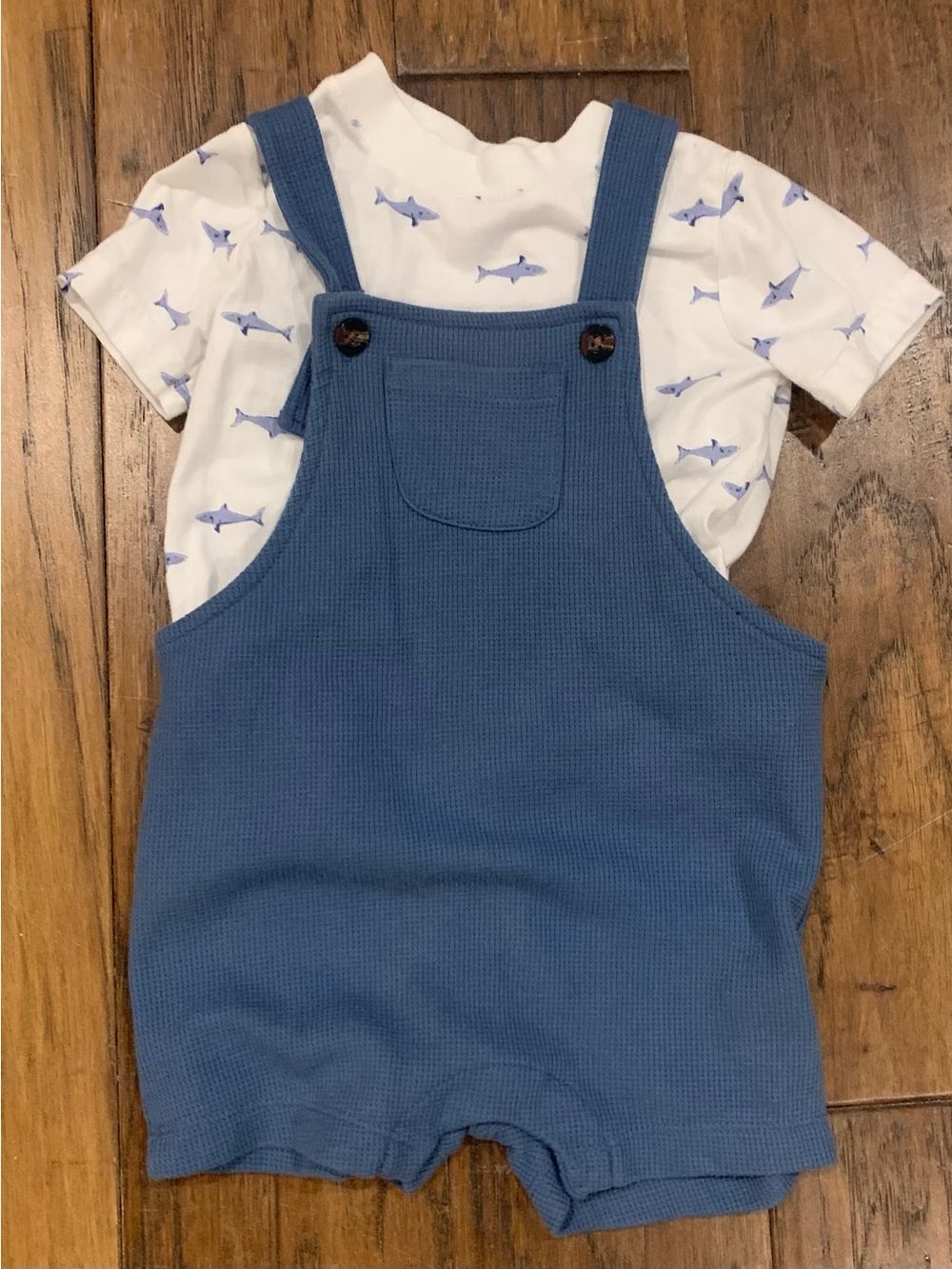 Carter's White Tee with Light Blue Shark Print and Shortall Set